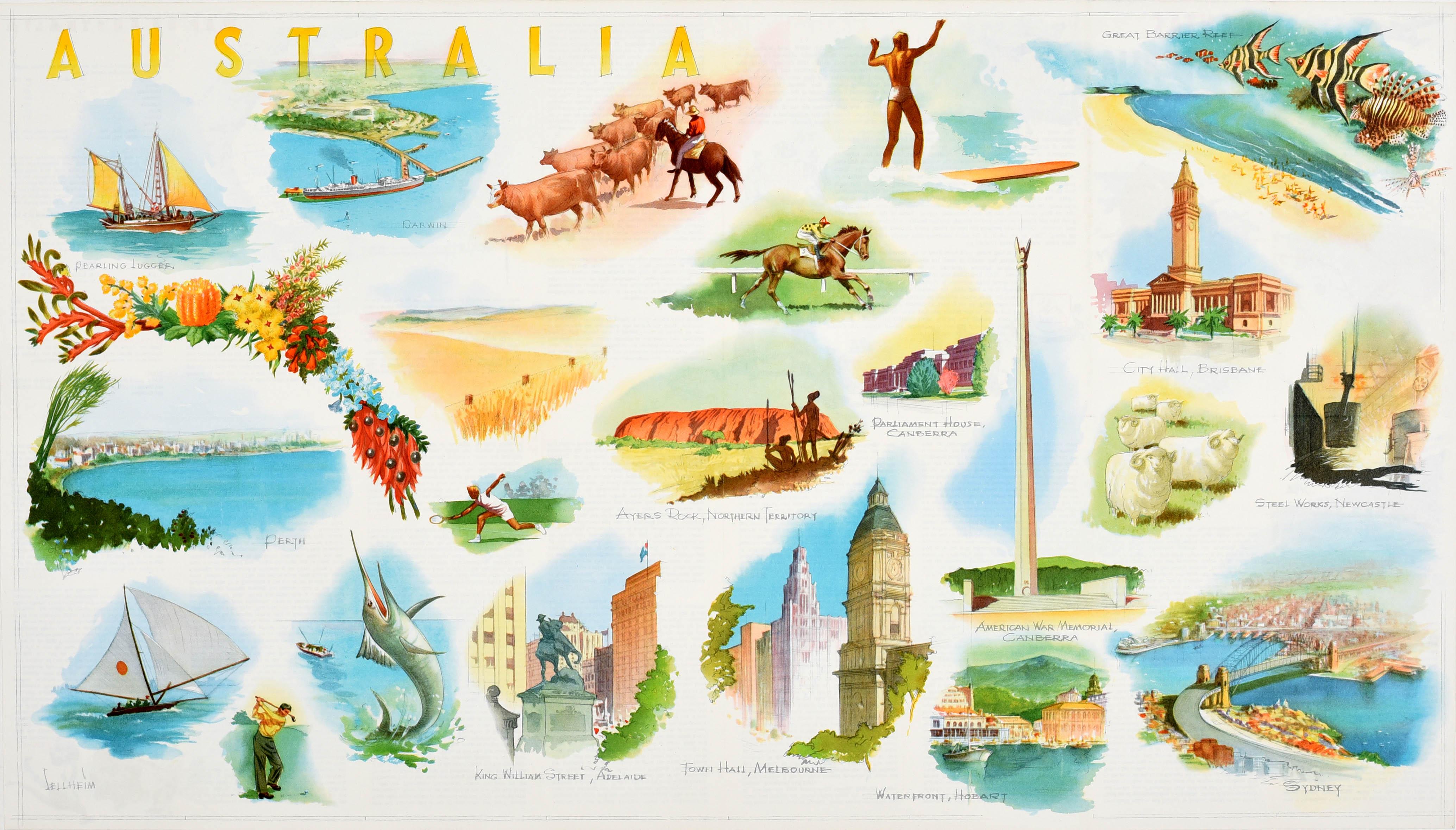 Original vintage travel poster for Australia featuring colourful scenic illustrations of notable Australian locations and activities including a man surfing and fish swimming in a coral Great Barrier Reef, sailing boats and ships, horse racing and a