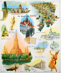 Original Vintage Poster Bangkok Thailand Fly There By Qantas Asia Air Travel Art