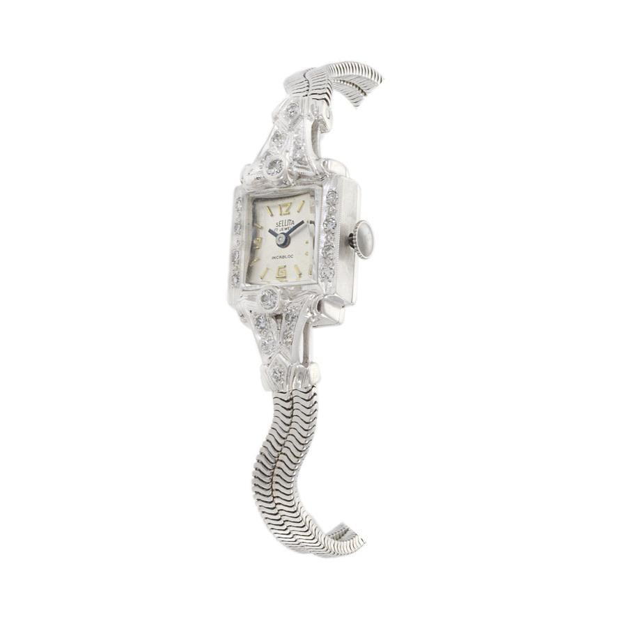 Sellita Cocktailuhr 14K Weißgold und Diamanten (Retro)