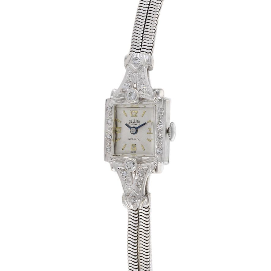 Round Cut Sellita Cocktail Watch 14K White Gold and Diamonds For Sale