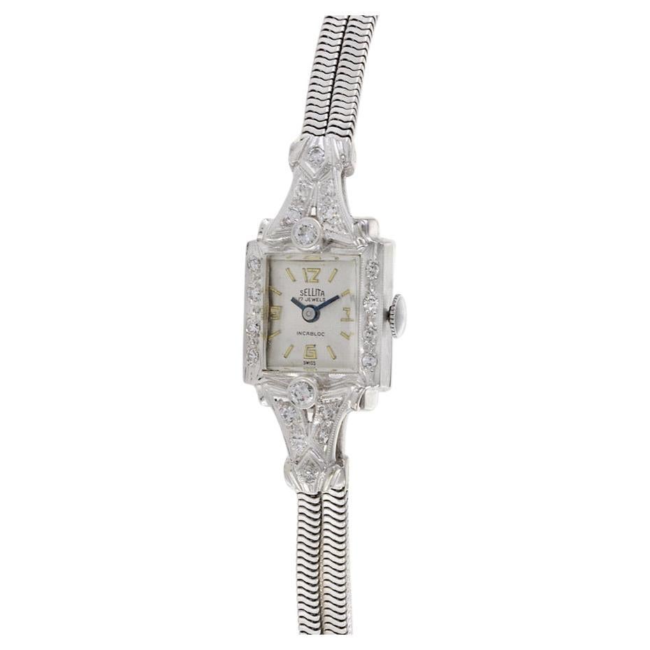 Sellita Cocktail Watch 14K White Gold and Diamonds For Sale