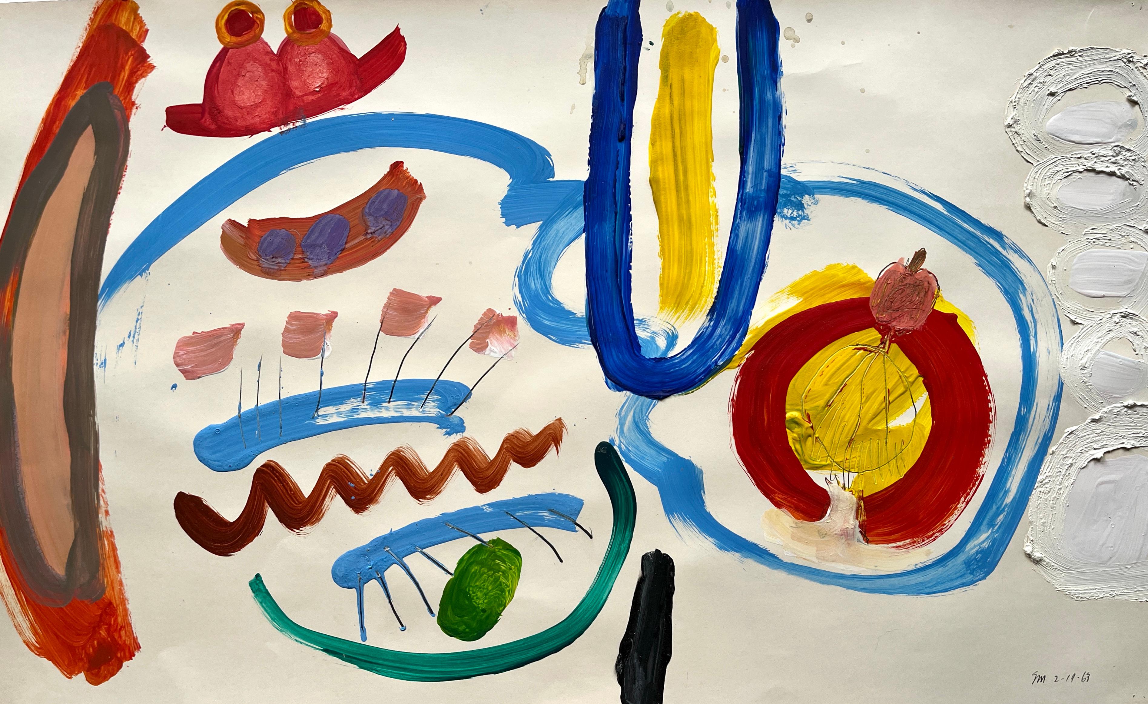 Abstract Painting Selma Moskowitz - "Flowers and Bugs", peinture abstraite de l'artiste féminine de 1963 en Californie