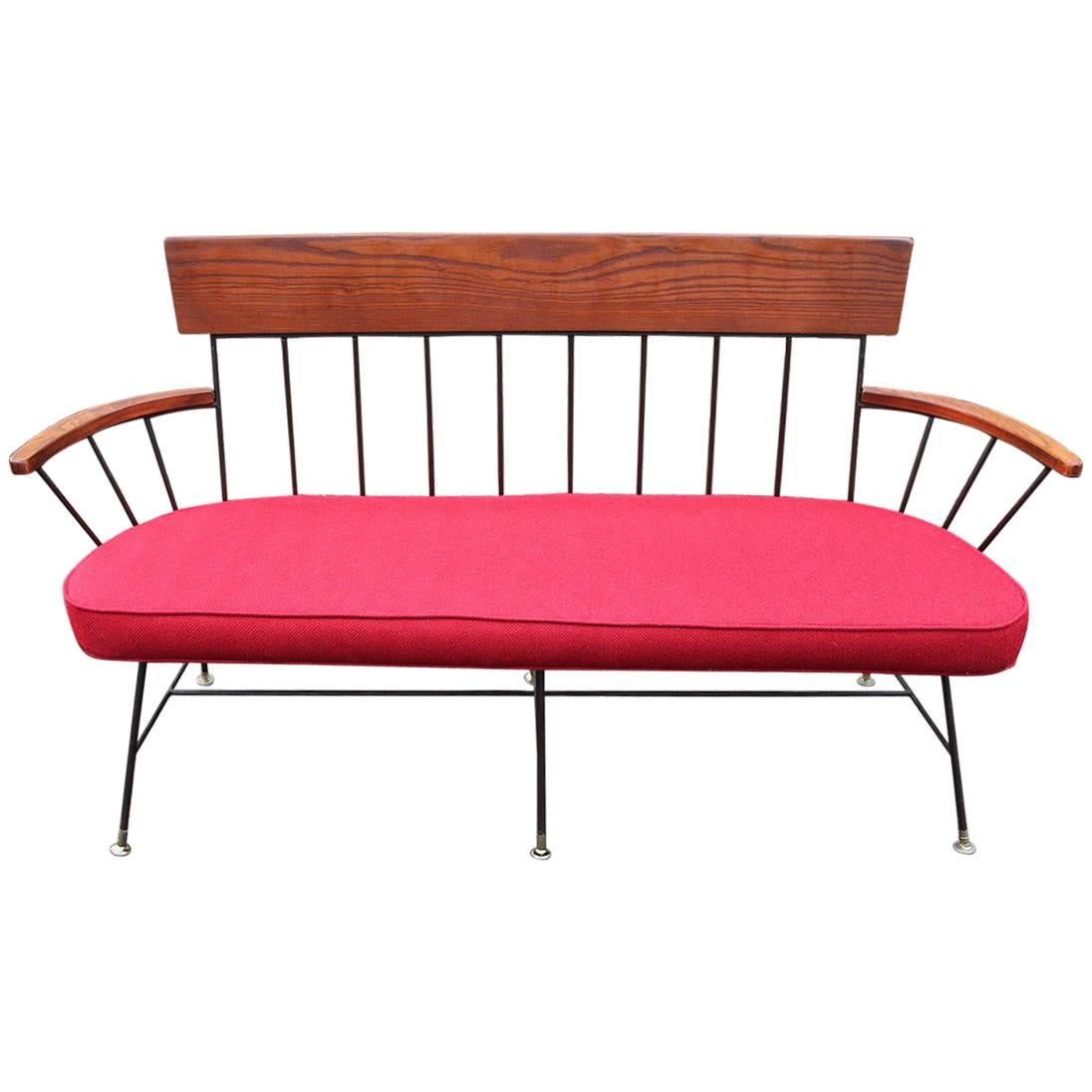 Selrite Three-Seat Settee with Red Wool Upholstery Rare and Fantastic