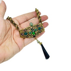 SELRO signed vintage gold tone glass jewel cabochons designer chain necklace