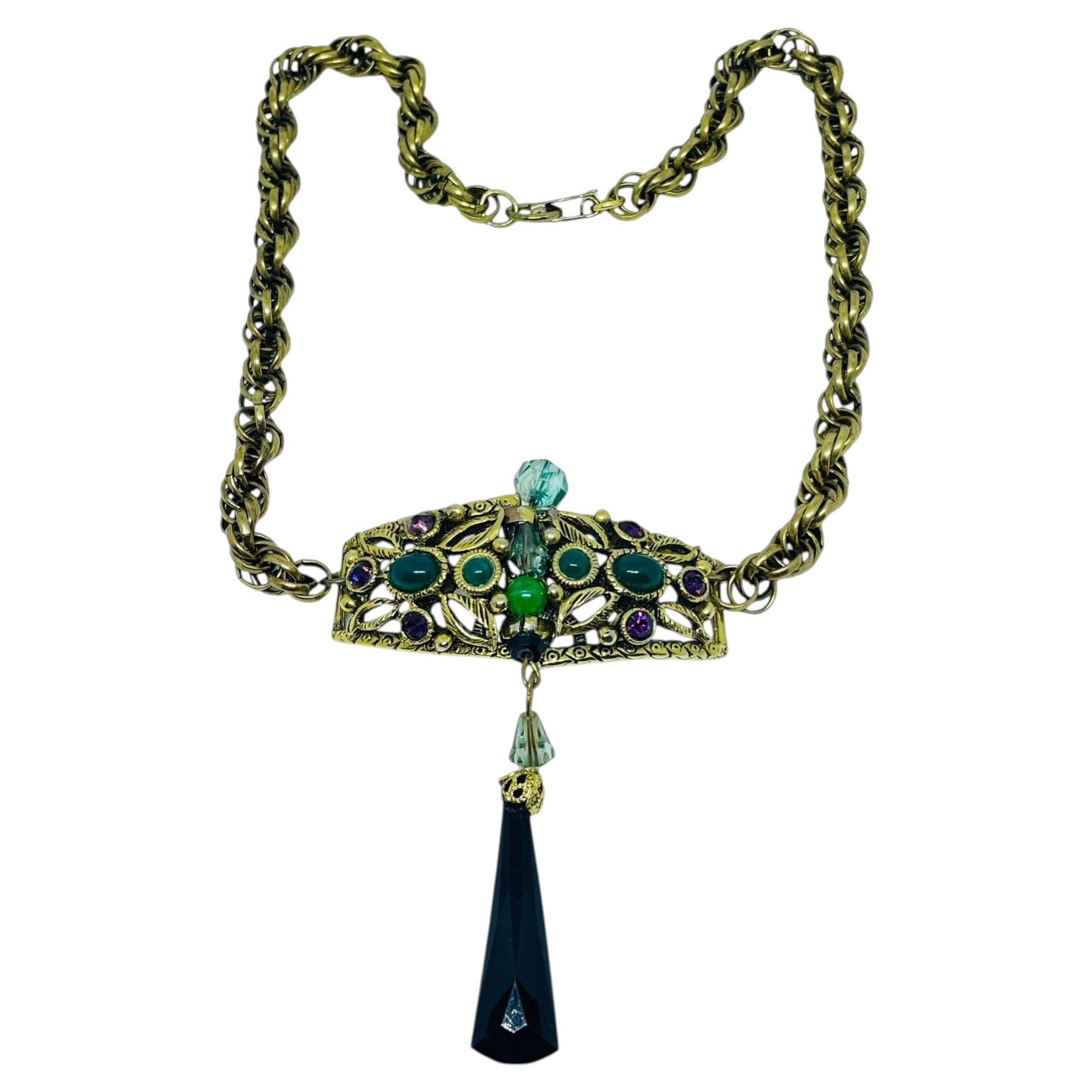 SELRO signé vintage gold tone glass jewel cabochons designer chain necklace en vente