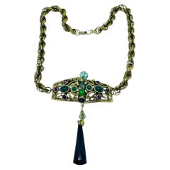 SELRO signed vintage gold tone glass jewel cabochons designer chain necklace