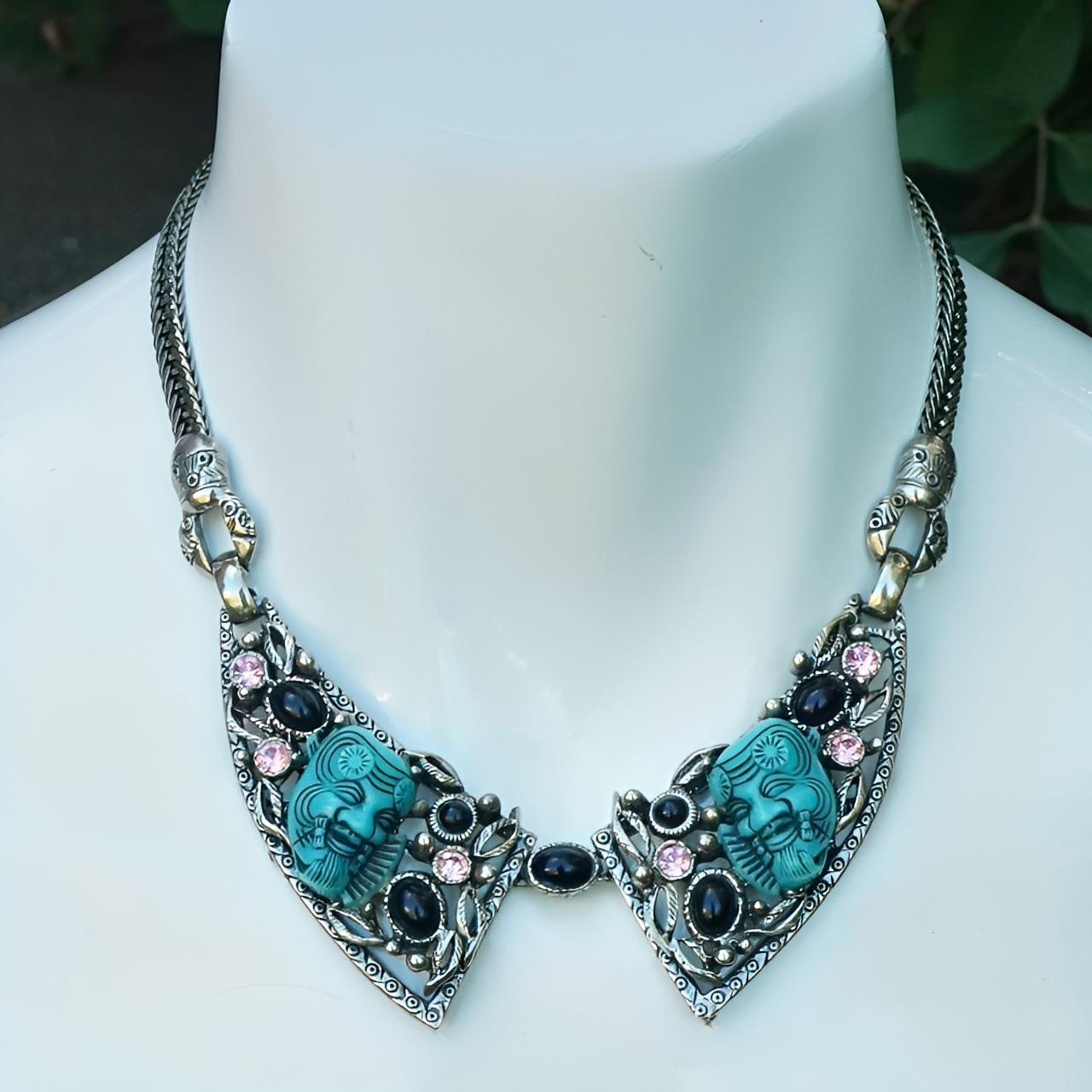 Selro Silver Plated Blue Noh Okina Mask Necklace Bracelet Ring Set circa 1950s For Sale 6