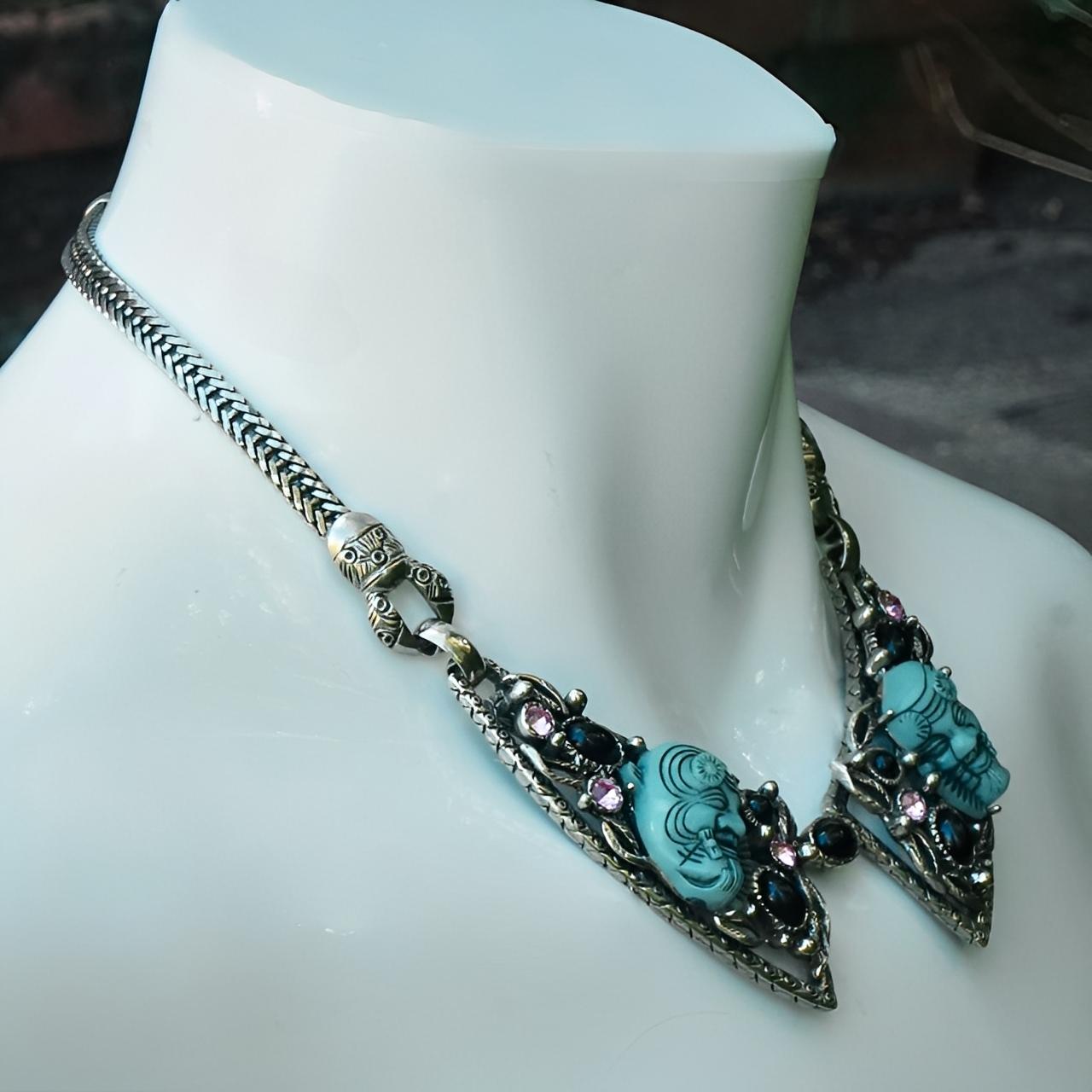 Selro Silver Plated Blue Noh Okina Mask Necklace Bracelet Ring Set circa 1950s For Sale 7