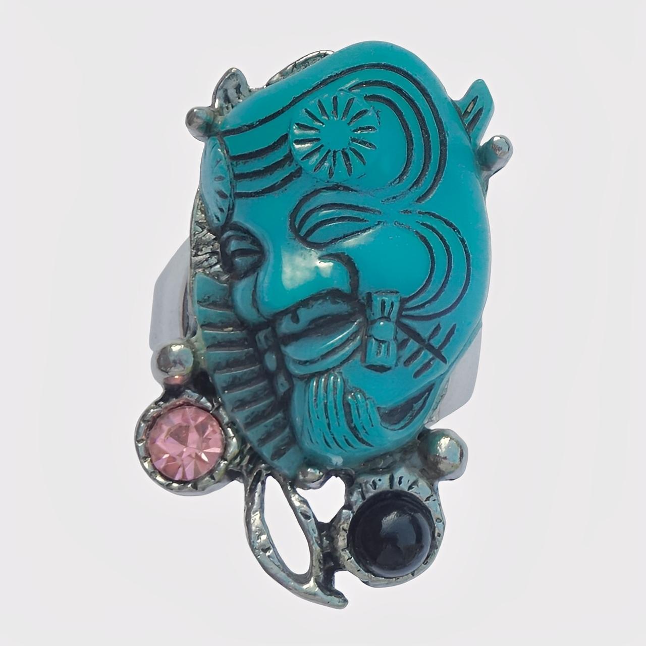 Selro Silver Plated Blue Noh Okina Mask Necklace Bracelet Ring Set circa 1950s For Sale 8