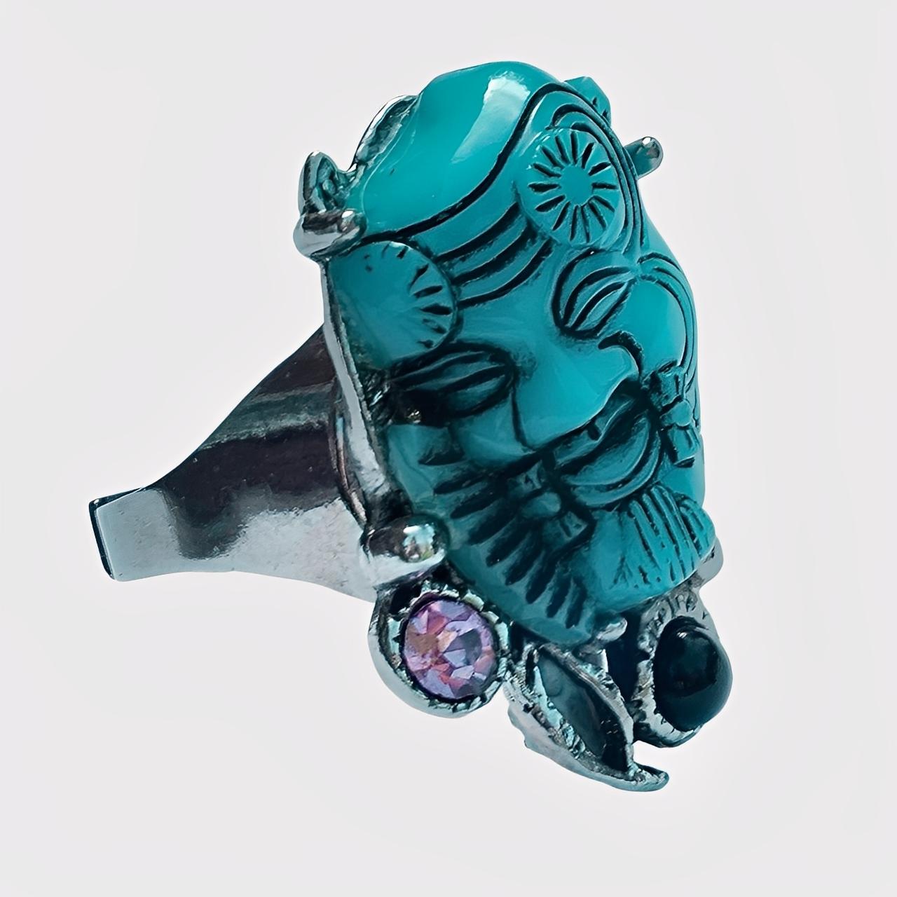 Selro Silver Plated Blue Noh Okina Mask Necklace Bracelet Ring Set circa 1950s For Sale 10