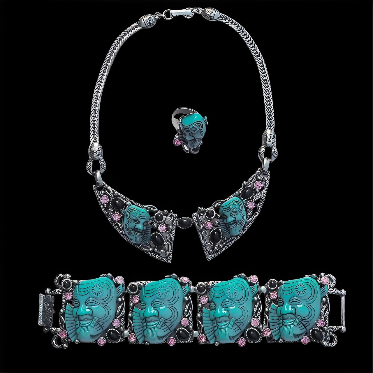Selro Silver Plated Blue Noh Okina Mask Necklace Bracelet Ring Set circa 1950s For Sale 14