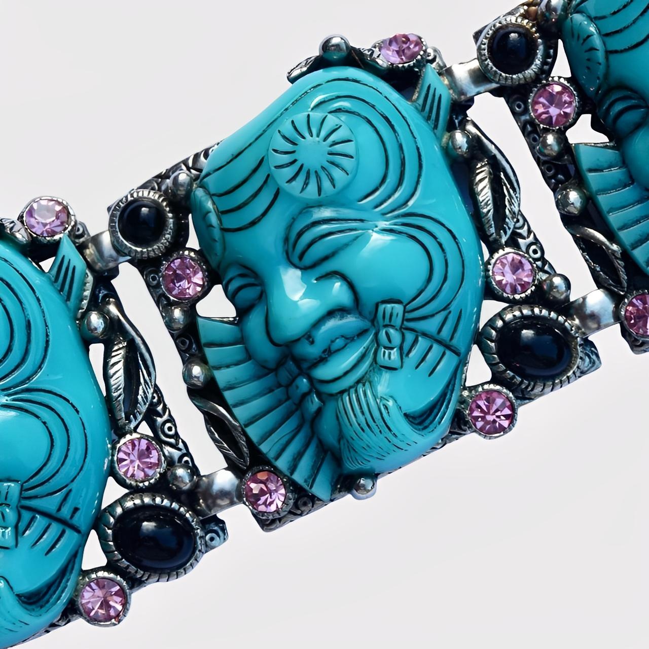 Selro Silver Plated Blue Noh Okina Mask Necklace Bracelet Ring Set circa 1950s In Good Condition For Sale In London, GB