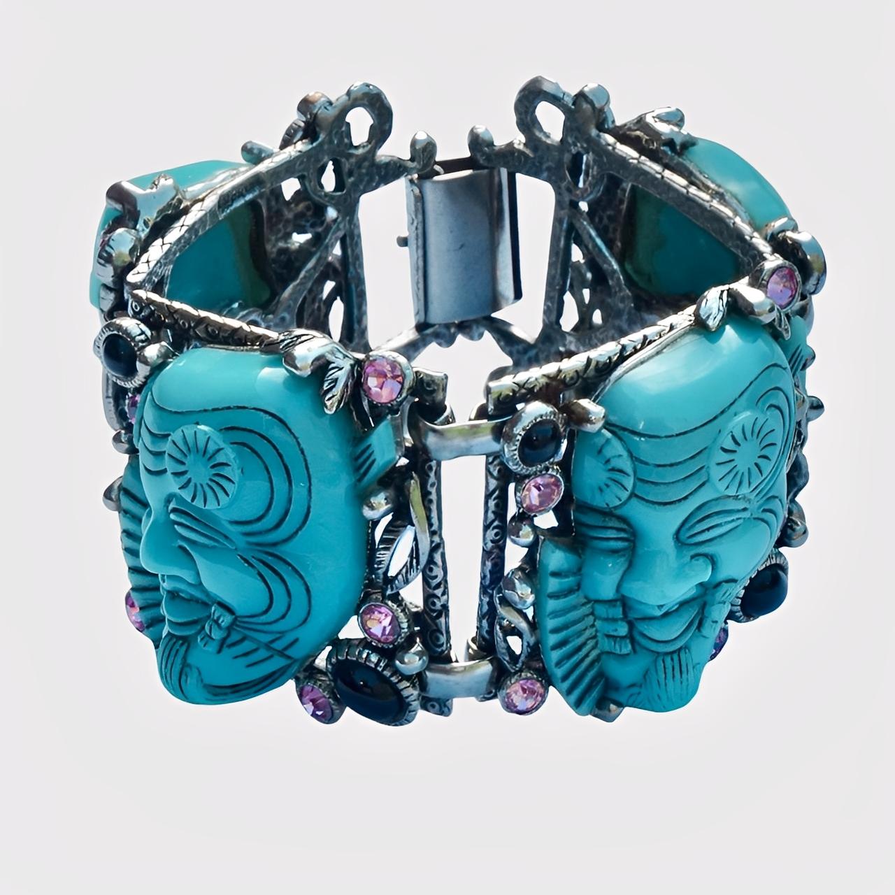 Women's or Men's Selro Silver Plated Blue Noh Okina Mask Necklace Bracelet Ring Set circa 1950s For Sale