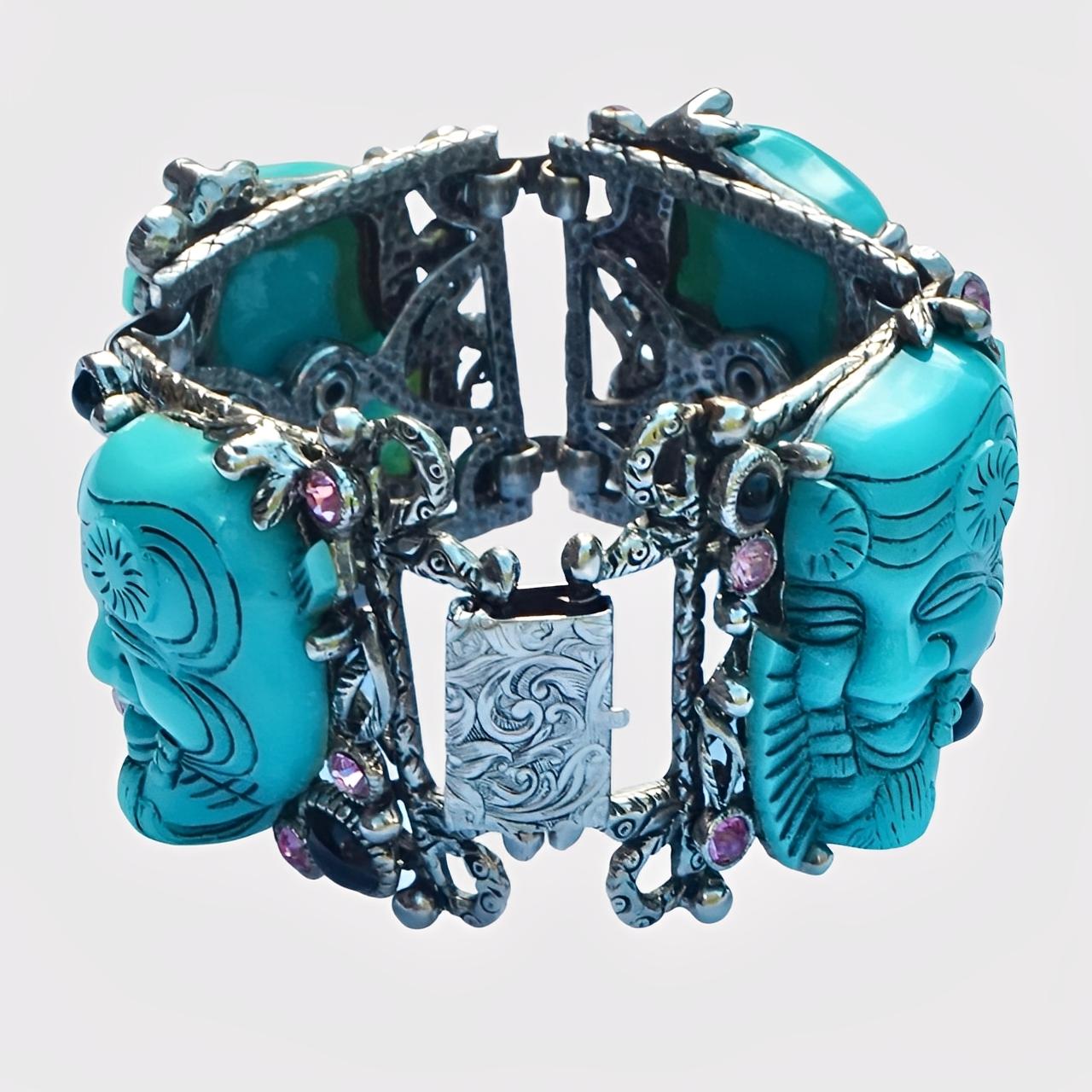 Selro Silver Plated Blue Noh Okina Mask Necklace Bracelet Ring Set circa 1950s For Sale 1