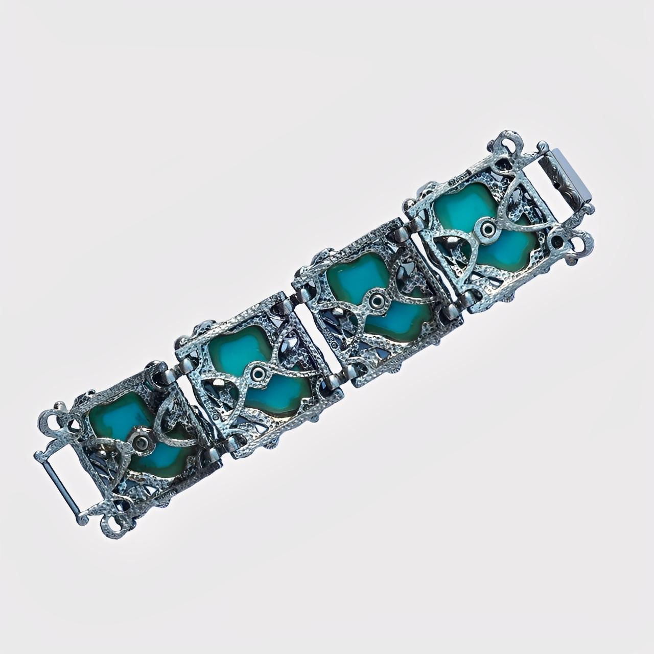 Selro Silver Plated Blue Noh Okina Mask Necklace Bracelet Ring Set circa 1950s For Sale 2