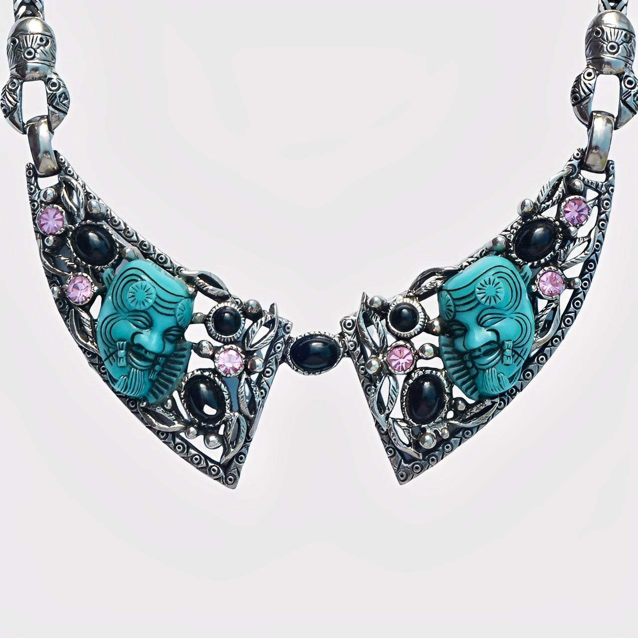 Selro Silver Plated Blue Noh Okina Mask Necklace Bracelet Ring Set circa 1950s For Sale 4