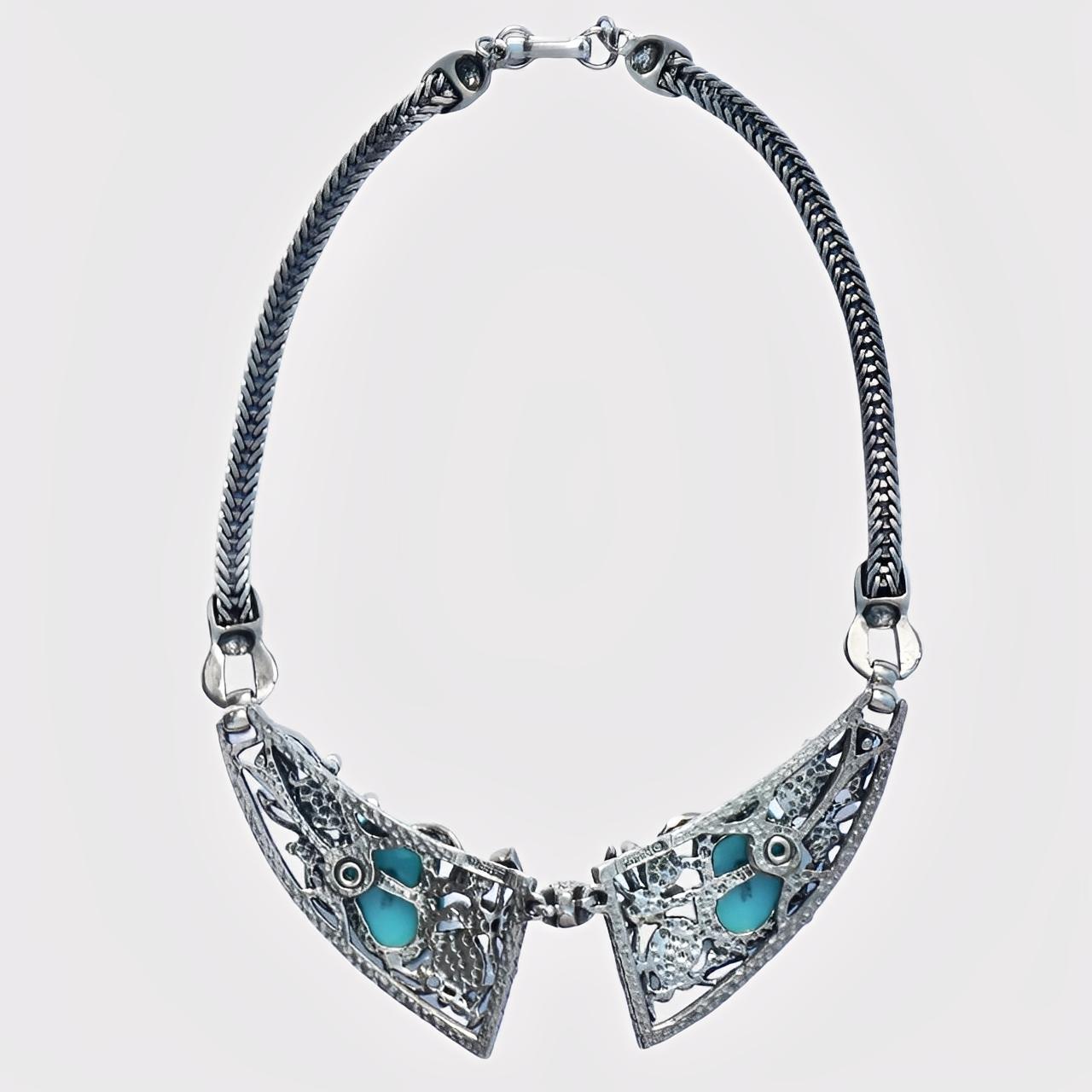 Selro Silver Plated Blue Noh Okina Mask Necklace Bracelet Ring Set circa 1950s For Sale 5