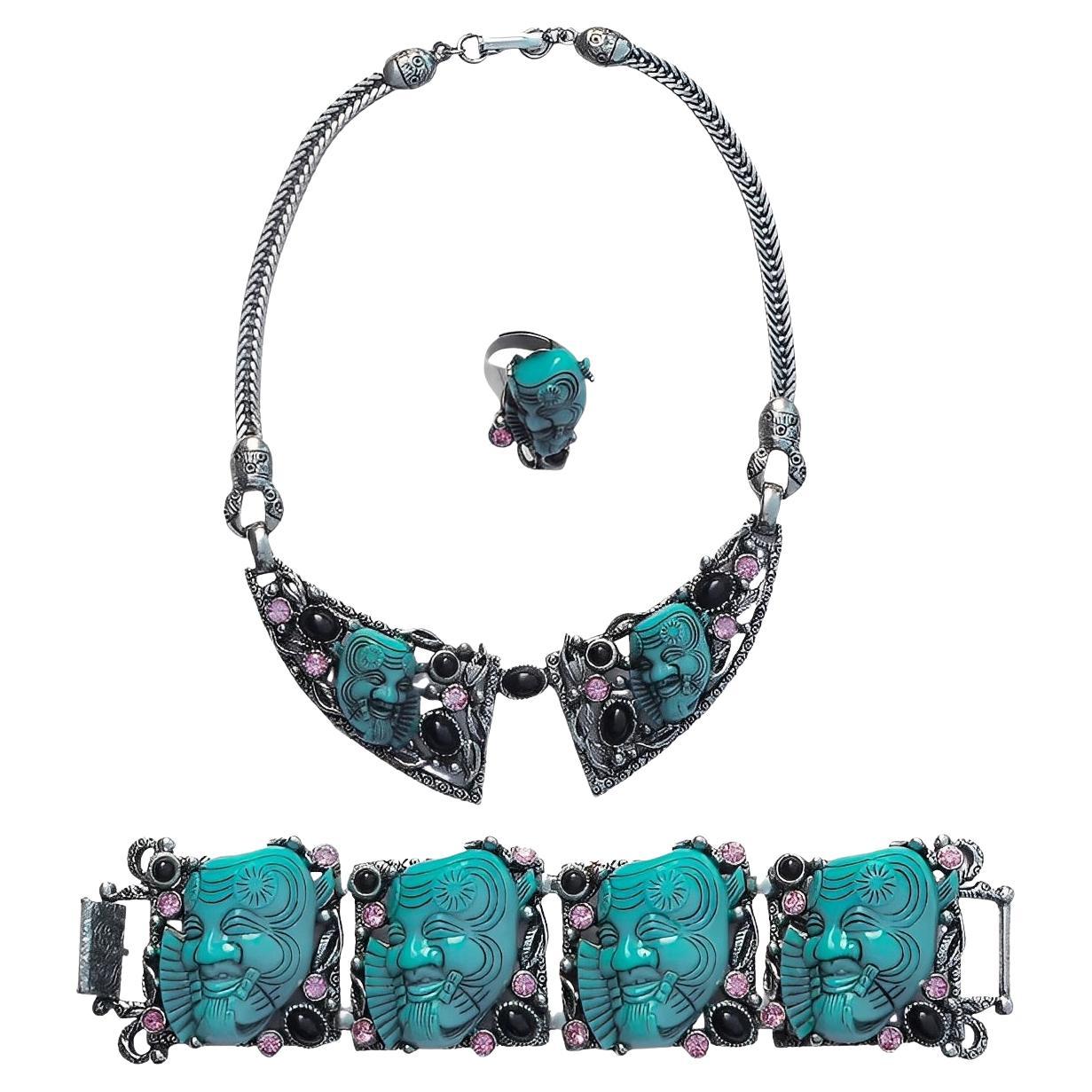 Selro Silver Plated Blue Noh Okina Mask Necklace Bracelet Ring Set circa 1950s For Sale
