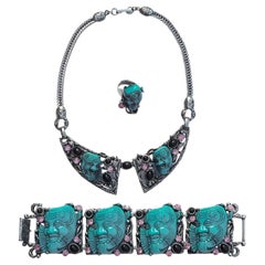 Selro Silver Plated Blue Noh Okina Mask Necklace Bracelet Ring Set circa 1950s