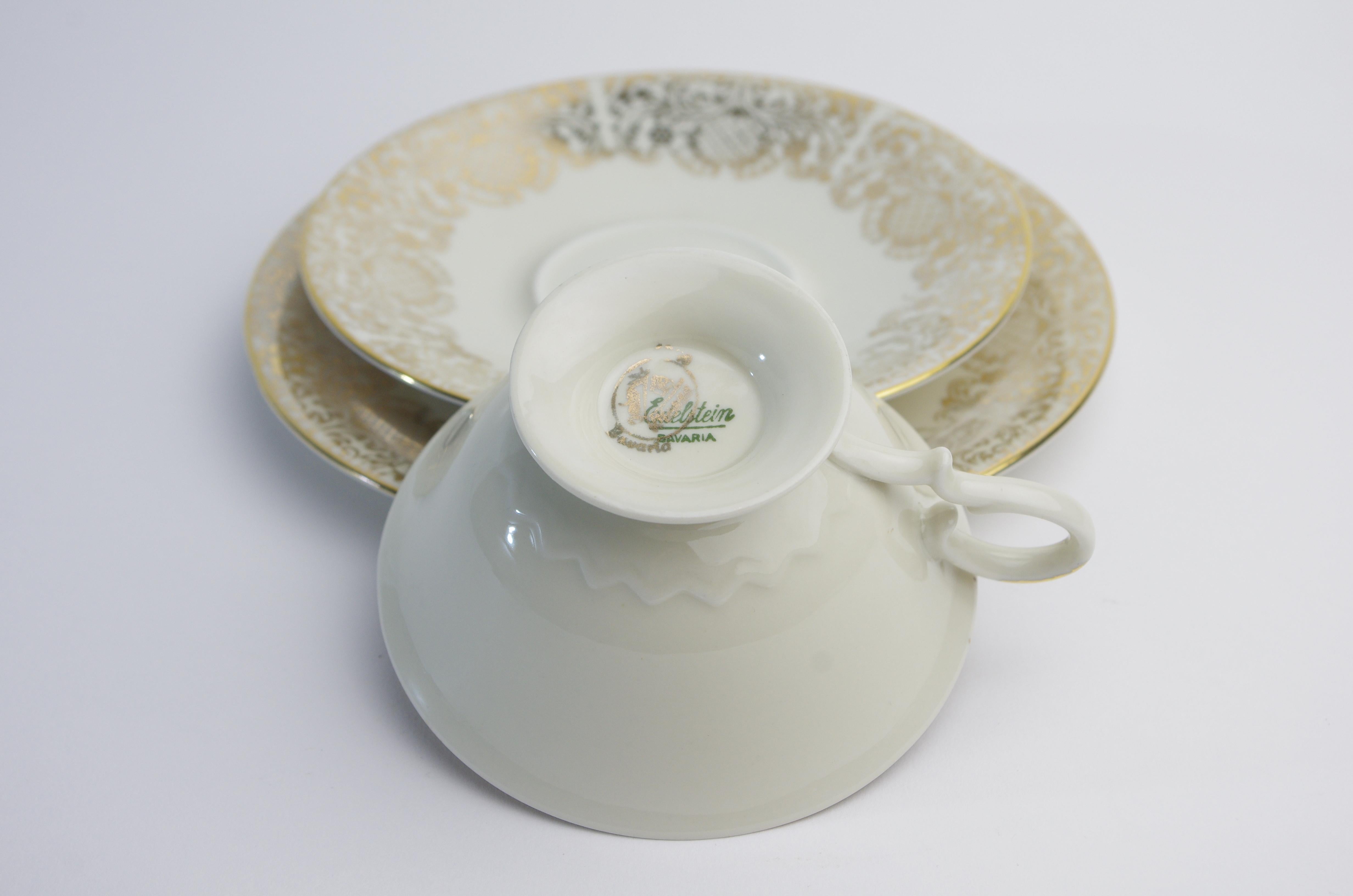 Product description:
These 6 much decorated Bavarian teasets consist of a cup, saucer and dessert plate each. Each set has a different stamp on the back, one set is from Edelstein, one from Scherzer, one from Combina, one from Seltmann Weiden, one