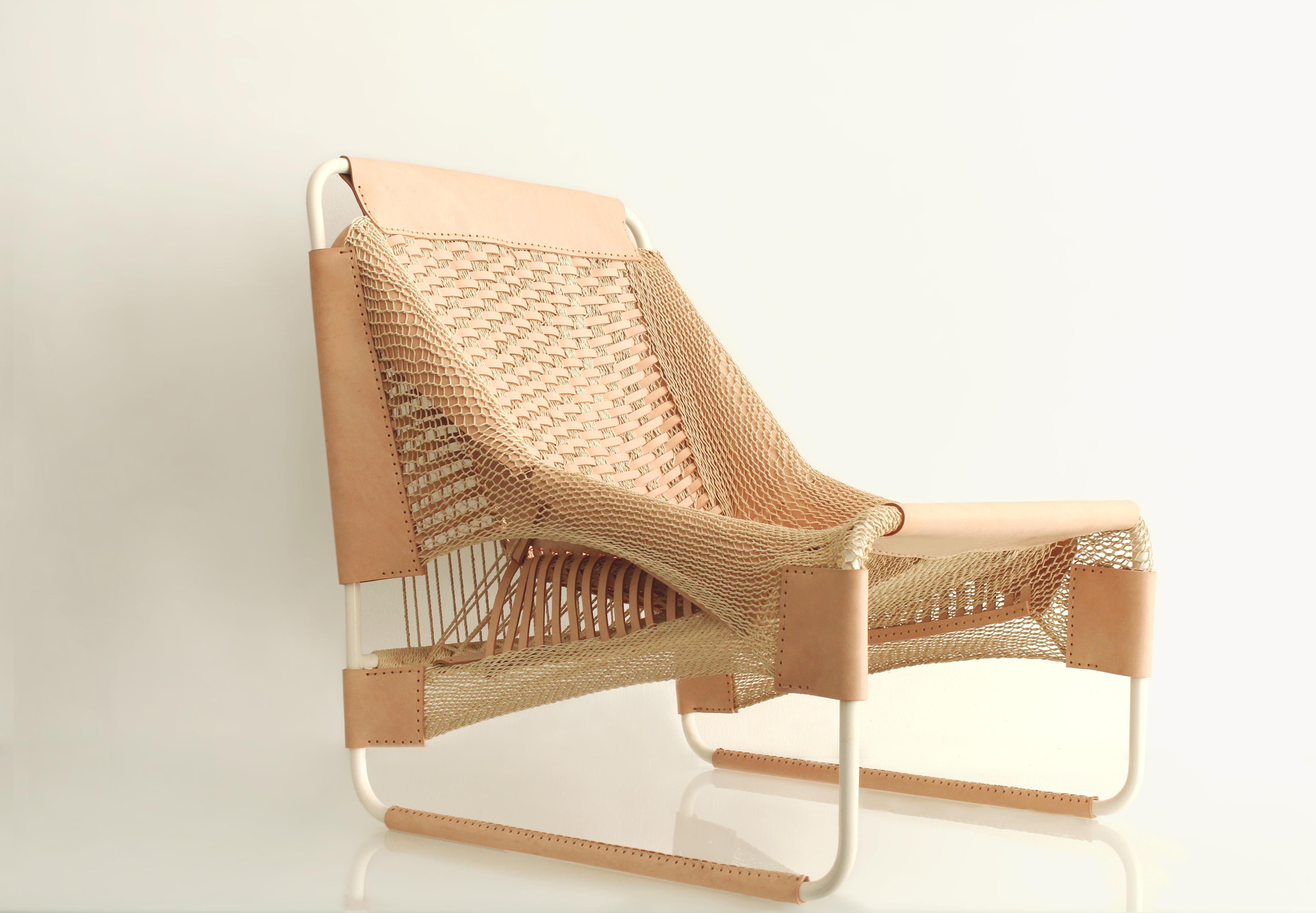 Selva armchair by Anabella Georgi
Dimensions: D 72 x W 62 x H 66 cm 
Materials: Natural Moriche Fiber made by Venezuela elaborated by the Etnia Warao, Leather, steel.
Technique: Hand-Woven. Hand-made.
Each piece can have possible variations