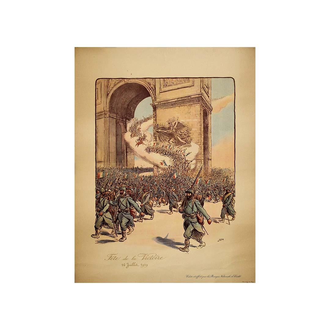 Dieses mitreißende Originalplakat des berühmten französischen Karikaturisten Sem (Georges Goursat) aus dem Jahr 1919 fängt den Geist der nationalen Einheit und des Jubels im Nachkriegsfrankreich ein. Das Bild wurde zum Gedenken an die Siegesparade