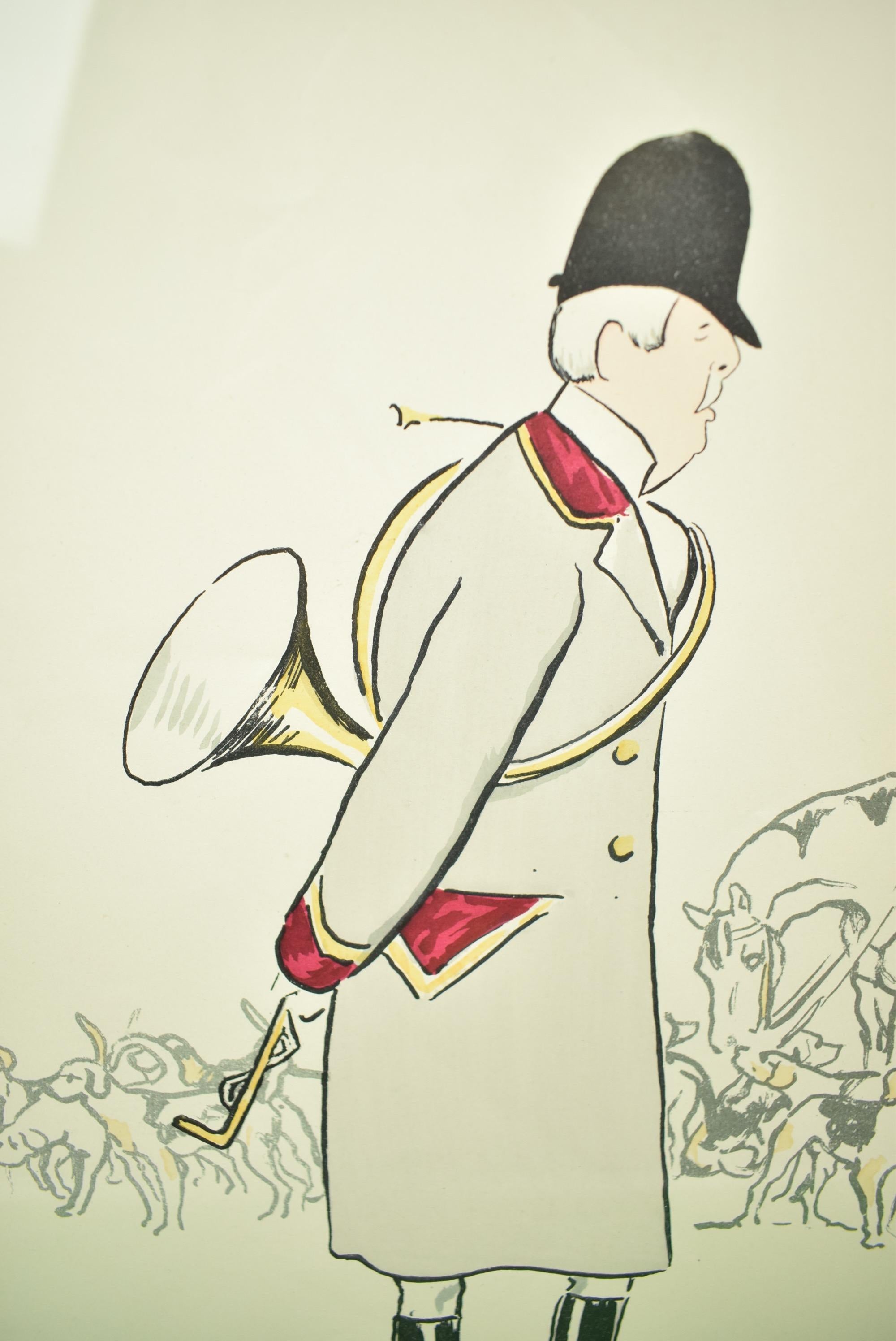 Plaque classique en couleurs (encadrée) de 'SEM' alias Georges Grousat (1863-1934) représentant une chasse française avec trompe de chasse.

Image Sz : 17 