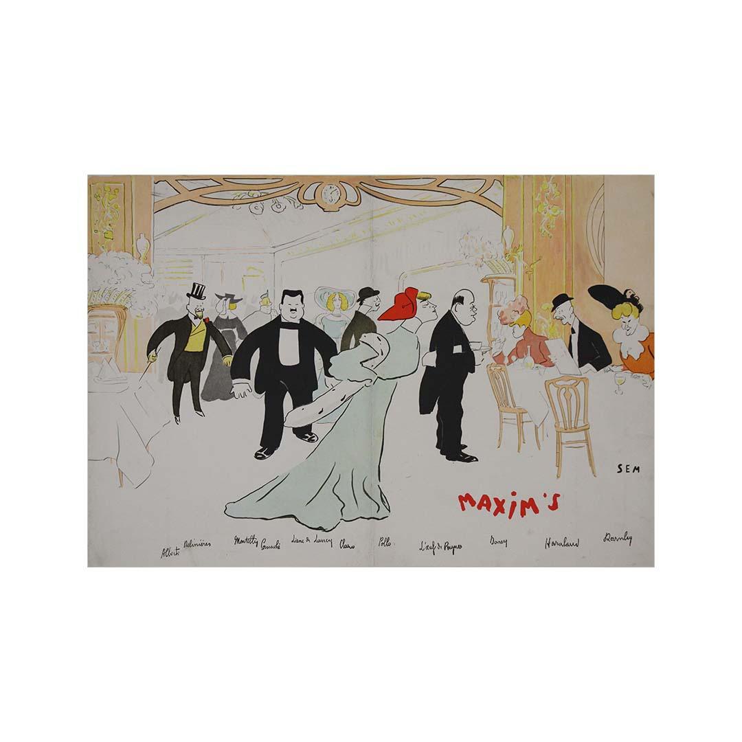 The original advertising poster for Maxim's Paris restaurant by Sem captures the glamour and joie de vivre of early 20th-century Parisian nightlife. Maxim's, renowned as one of Paris' most iconic dining establishments, was a hub of high society,