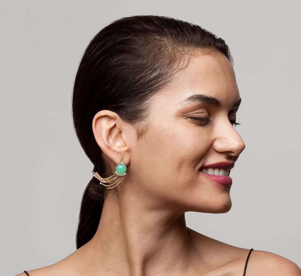 Contemporary Sema Earrings, Chrysoprase and Diamond Gold Drop Earrings For Sale
