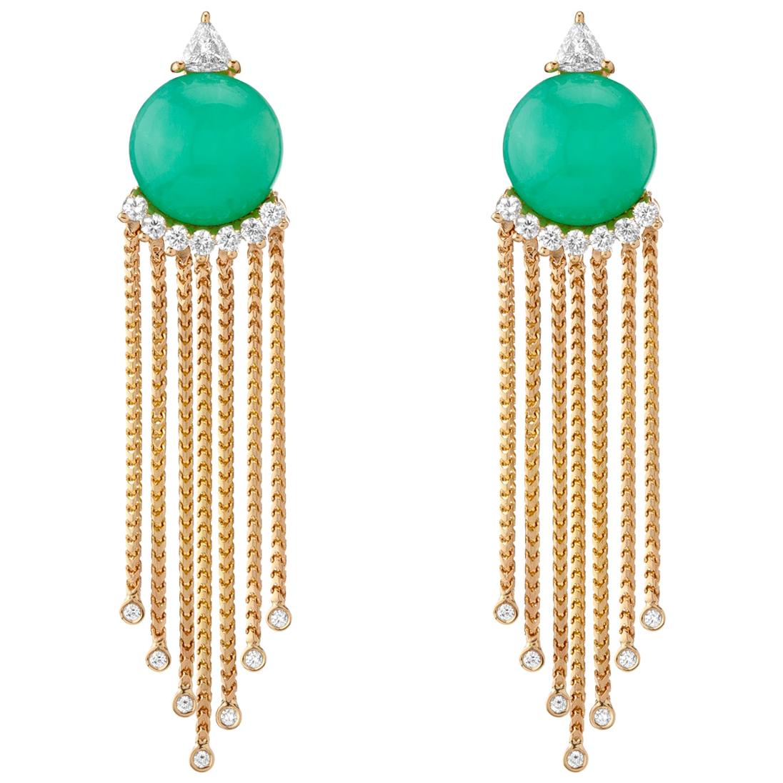 Sema Earrings, Chrysoprase and Diamond Gold Drop Earrings For Sale