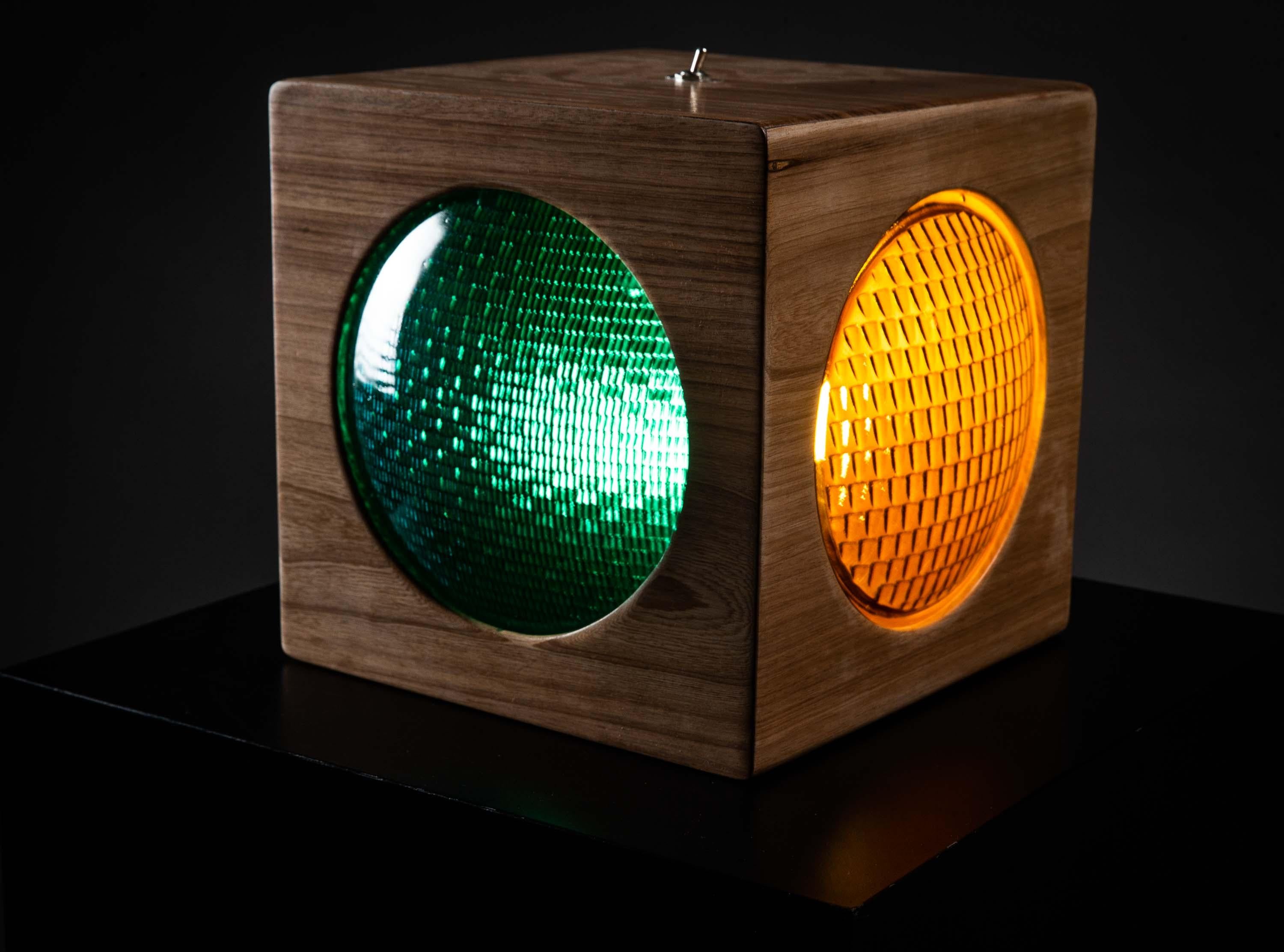 Hand-Crafted The Semaphore Lamp. Solid Wood and 1960s traffic signal lenses For Sale