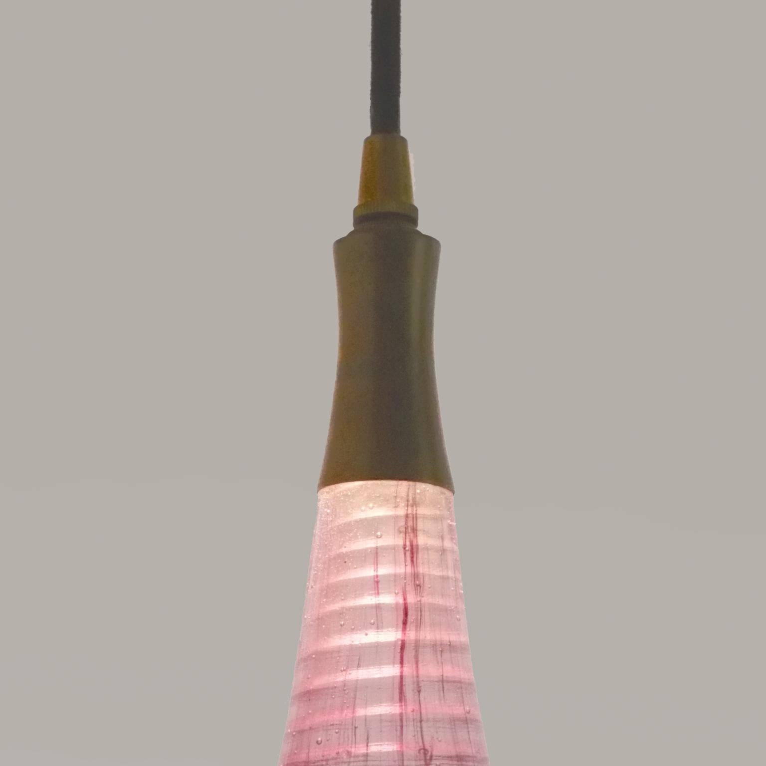 British Contemporary Glass Light: Semazen Spiral Drop Pendant Pink Lamp  For Sale