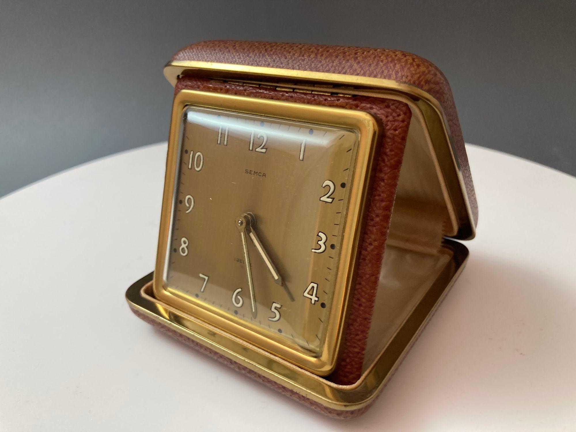 SEMCA Desk Clock Brass and Brown Travel Alarm Clock 9