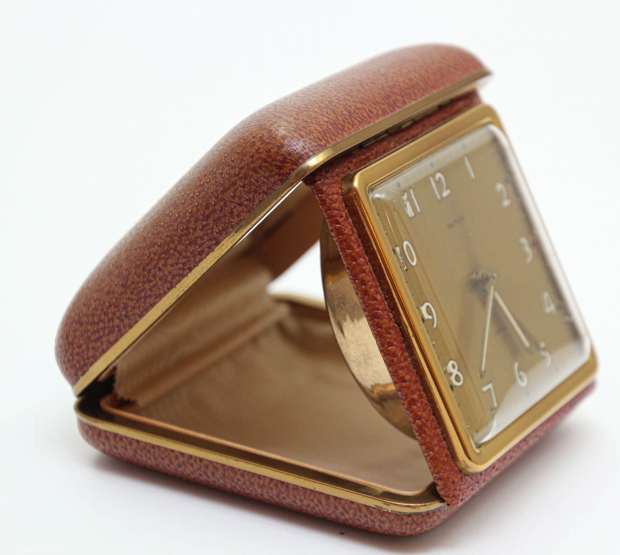 Mid-Century Modern SEMCA Desk Clock Brass and Brown Travel Alarm Clock