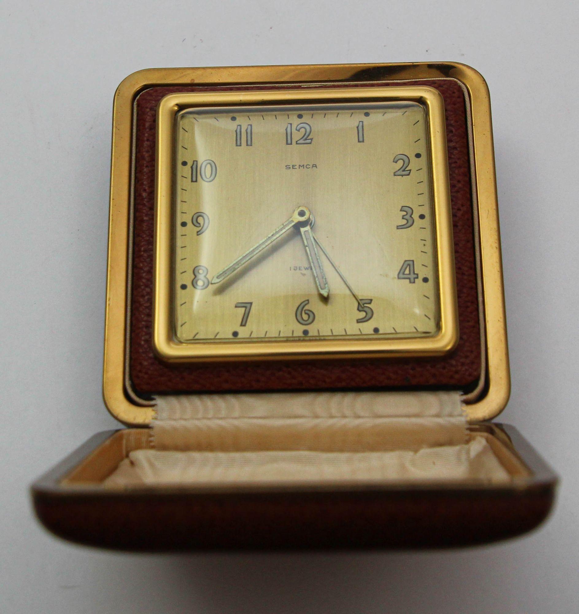 Swiss SEMCA Desk Clock Brass and Brown Travel Alarm Clock