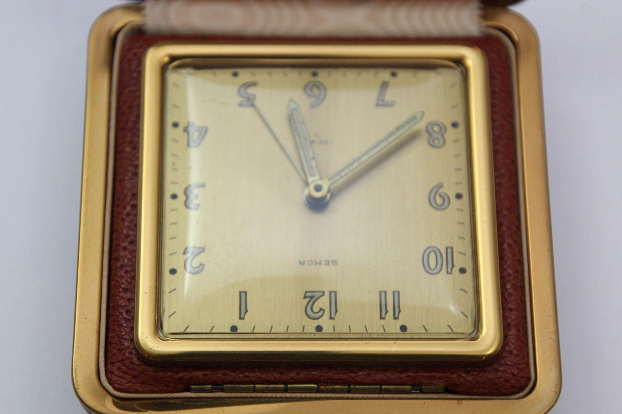 20th Century SEMCA Desk Clock Brass and Brown Travel Alarm Clock
