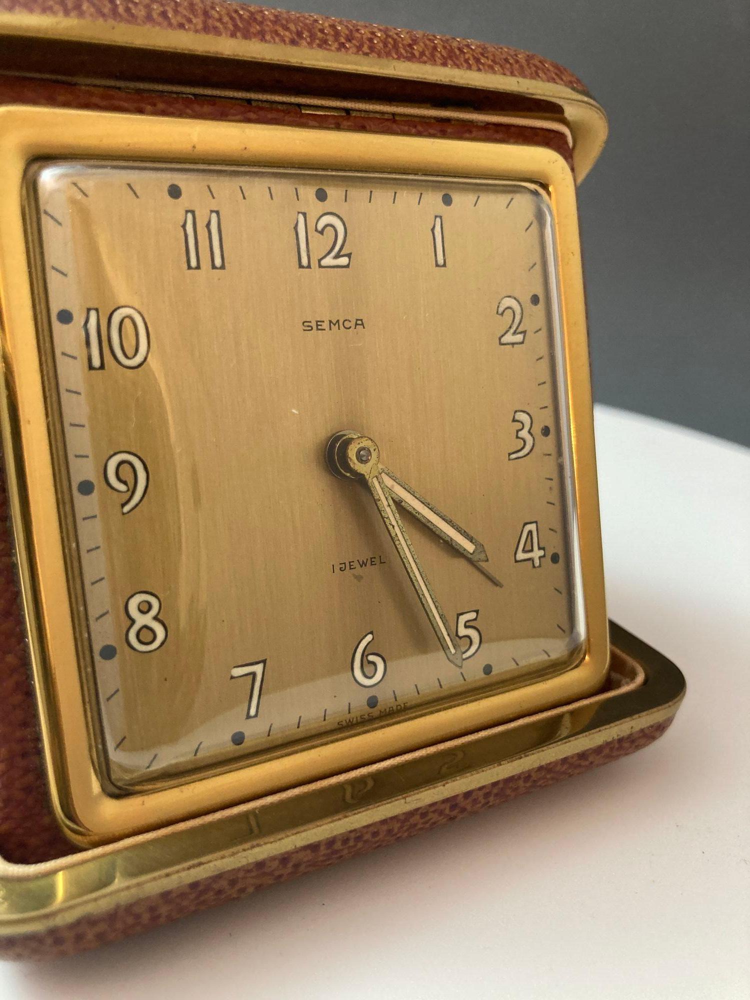 SEMCA Desk Clock Brass and Brown Travel Alarm Clock 3