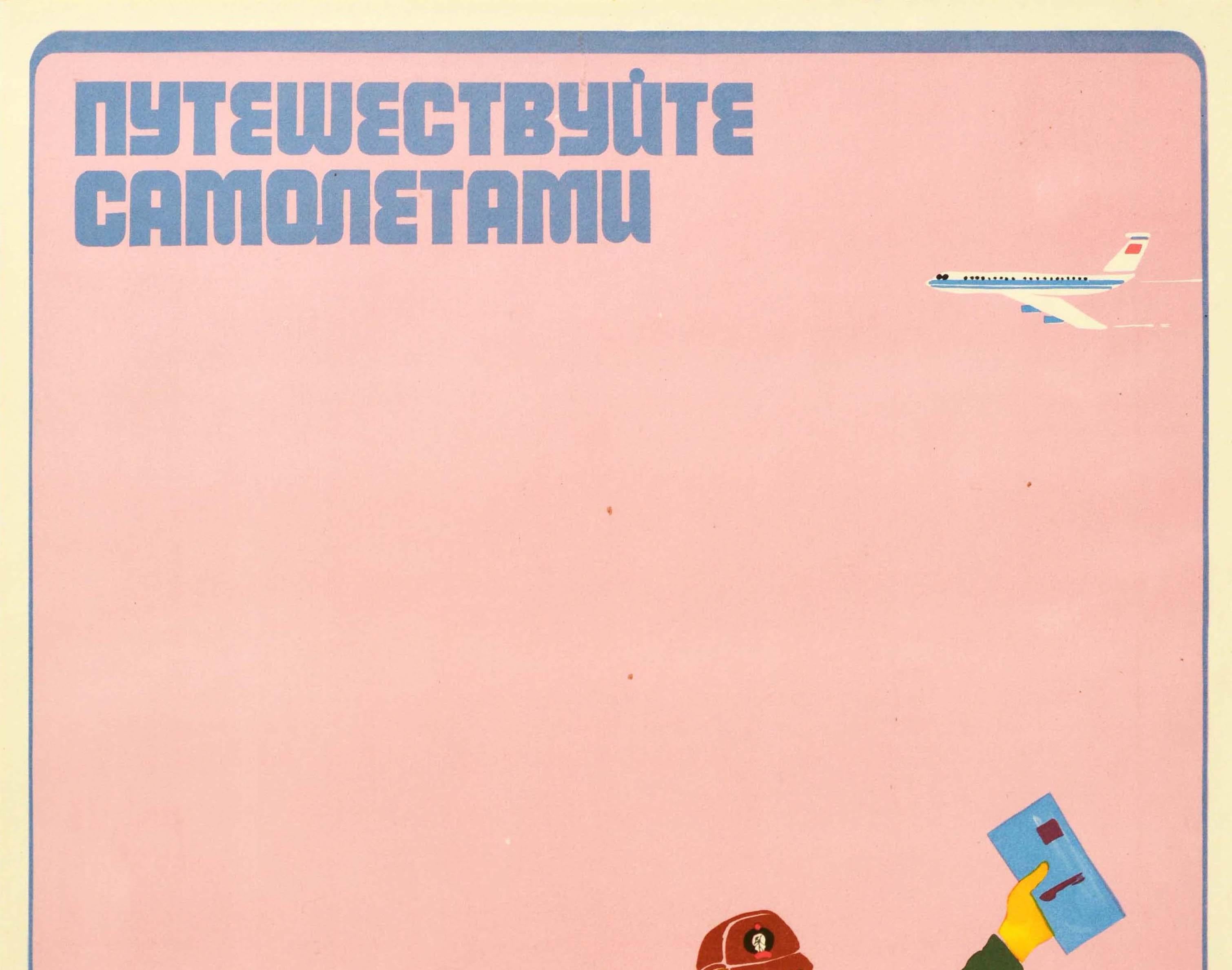 Affiche publicitaire rétro originale de voyage soviétique, Aeroflot, avion de tourisme de l'URSS - Print de Semchenko Nabutovskiy