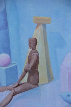 Peintre Semeraro, huile sur toile, couleurs pastel italiennes, années 1970, métaphysique