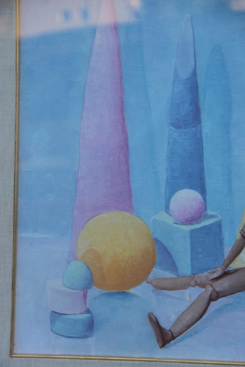 Mid-Century Modern Semeraro Painter Oil on Canvas Italian Pastel Colors 1970s Metaphysical For Sale