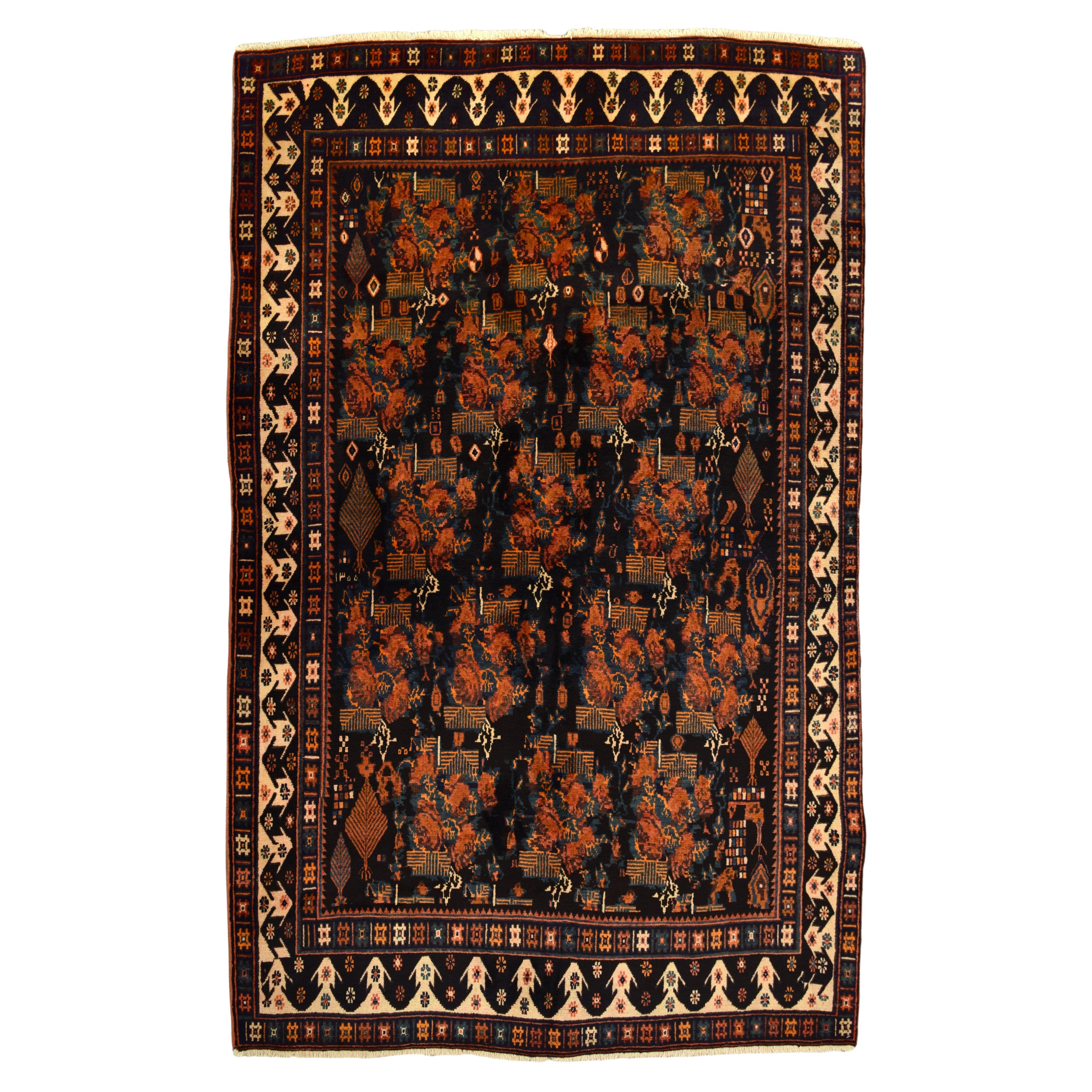 Semi- antiker Afshar-, roter und Indigofarbener handgewebter persischer Teppich aus Wolle, 5' x 7' im Angebot