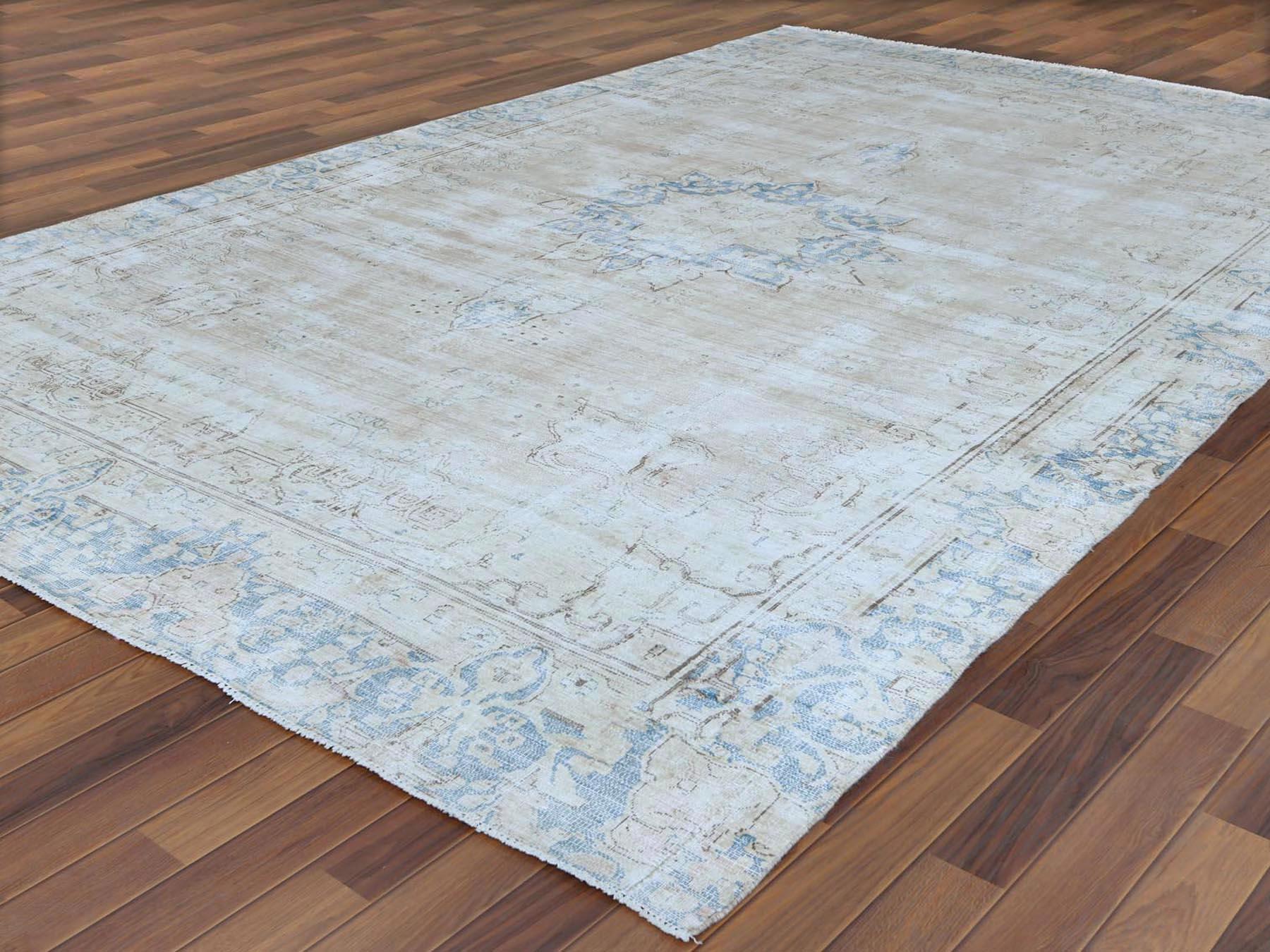 Hand-Knotted Semi Antique Beige Persian Kerman Distressed Look Clean Wool Hand Knotted Rug