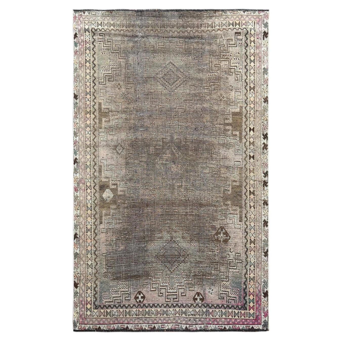 Semi Antique Beige Persian Shiraz Worn Down Clean Hand Knotted Organic Wool Rug For Sale