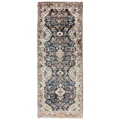 Semi Antique Blue Hamadan Runner with in Blues and Creams