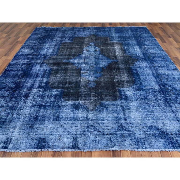 Semi Antique Blue Overcast Sheared Low Persian Kerman Oriental Rug at