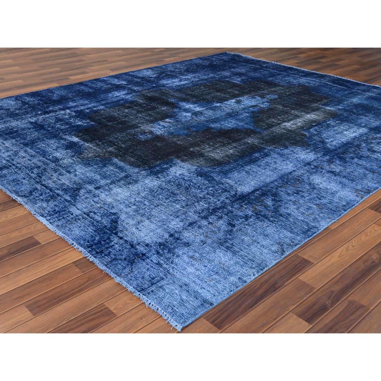 Semi Antique Blue Overcast Sheared Low Persian Kerman Oriental Rug For