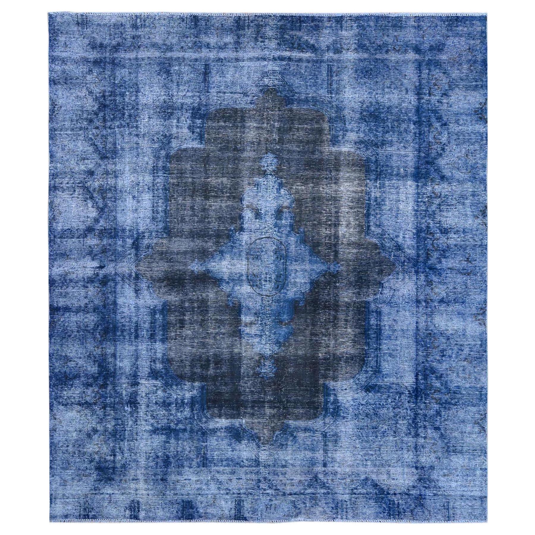 Semi Antique Blue Overcast Sheared Low Persian Kerman Oriental Rug