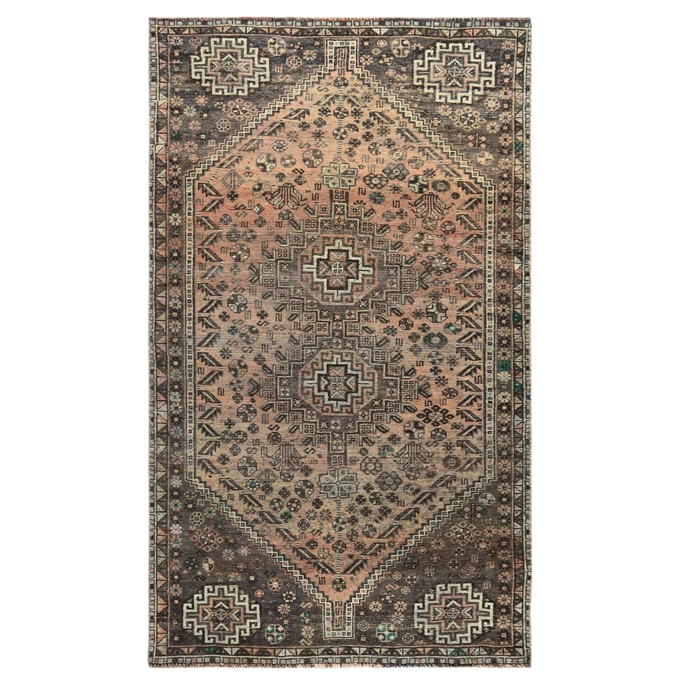Semi Antique Brown Persian Shiraz Clean Abrash Hand Knotted Natural Wool Rug For Sale