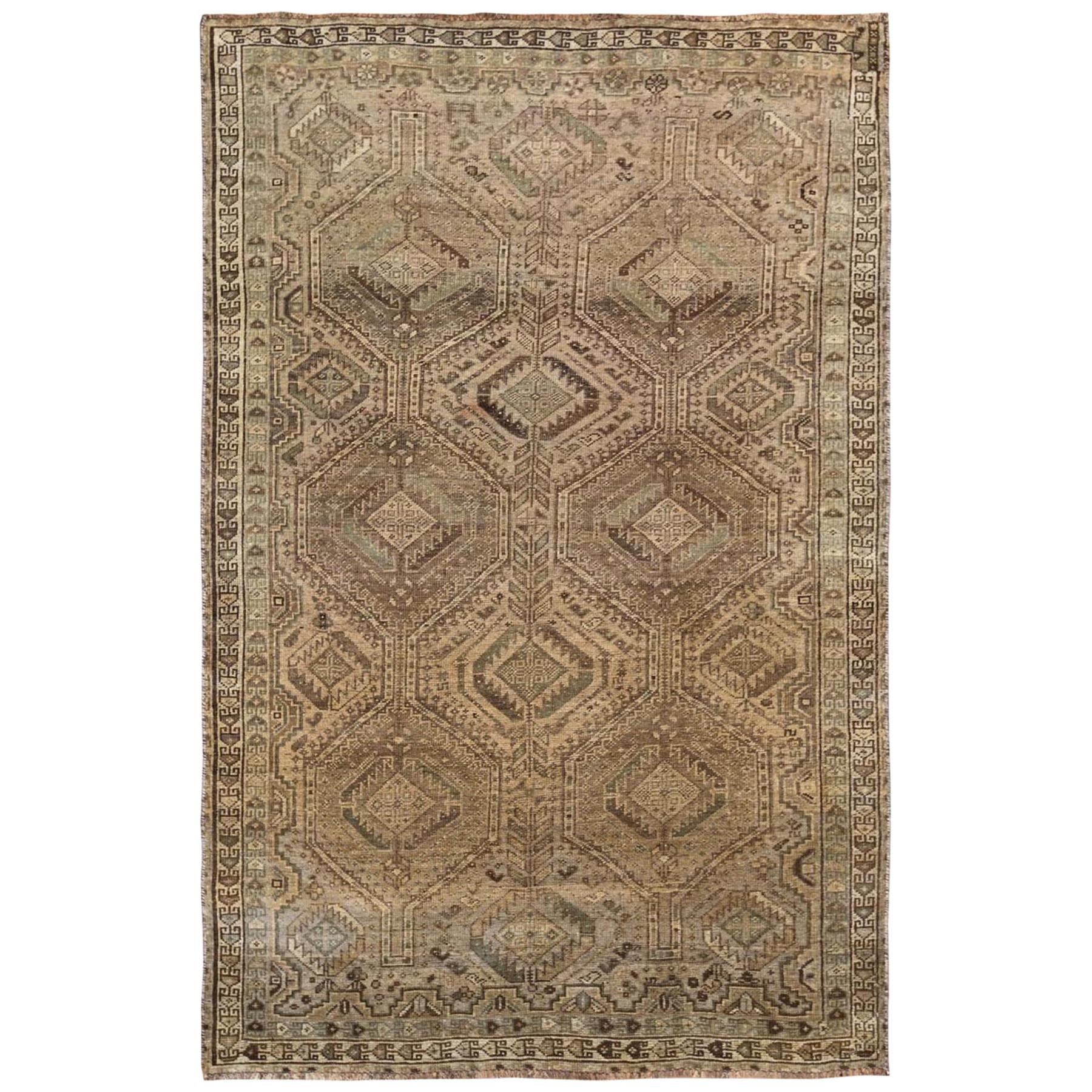 Semi Antique Brown Persian Shiraz Natural Colors Handmade Bohemian Wool Rug