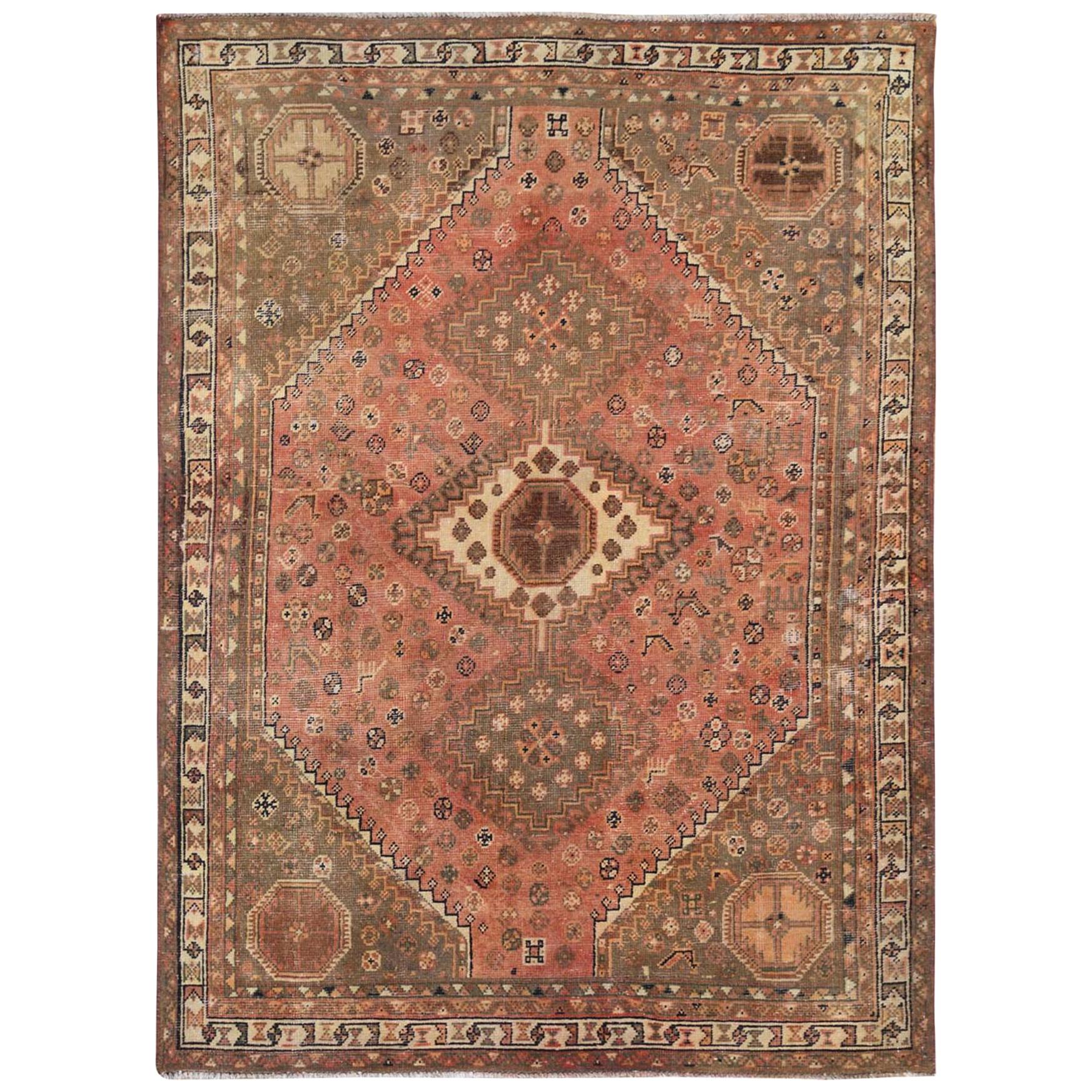 Semi Antique Coral Handmade Persian Shiraz Worn Down Bohemian Wool Rug